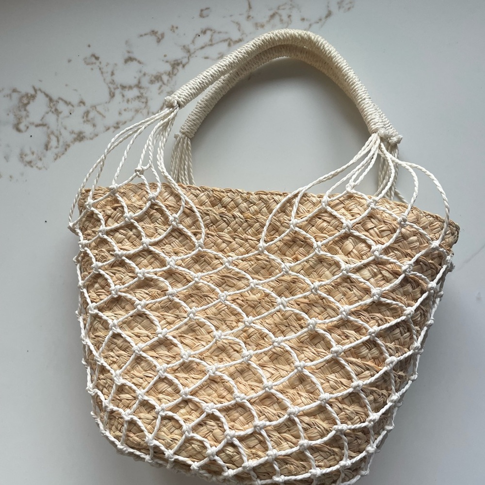 J. Crew Straw Tote with White Macrame Overlay